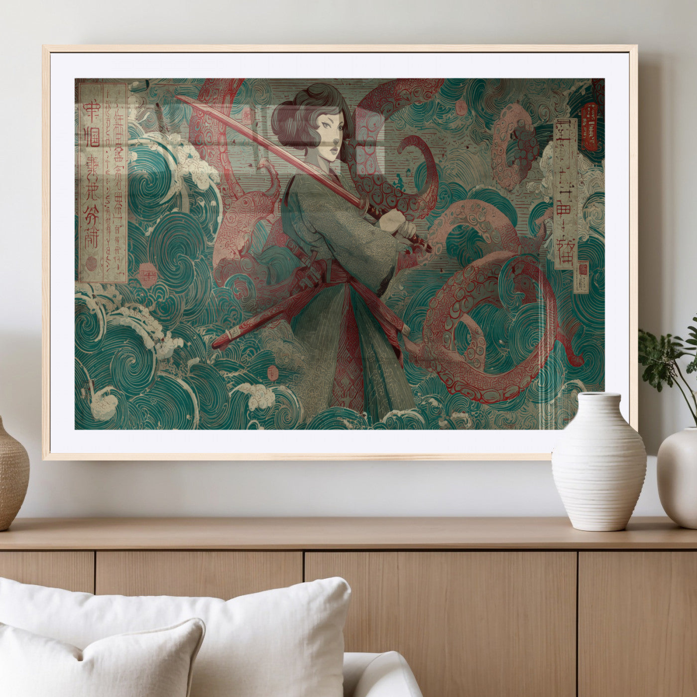91666601-MGV-CV-36X24-Samurai Woman vs Octopus Wall Art – Japanese Ukiyo-e Green Robe Canvas Print, Ocean Battle Artwork for Living Room, Office, Man