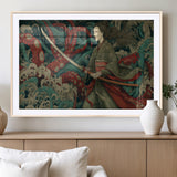 18902796-MGV-CV-36X24-Samurai Woman vs Octopus Wall Art – Japanese Ukiyo-e Green Kimono Canvas Print, Ocean Battle Scene Artwork for Living Room,