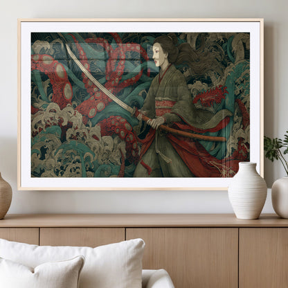 18902796-MGV-CV-36X24-Samurai Woman vs Octopus Wall Art – Japanese Ukiyo-e Green Kimono Canvas Print, Ocean Battle Scene Artwork for Living Room,