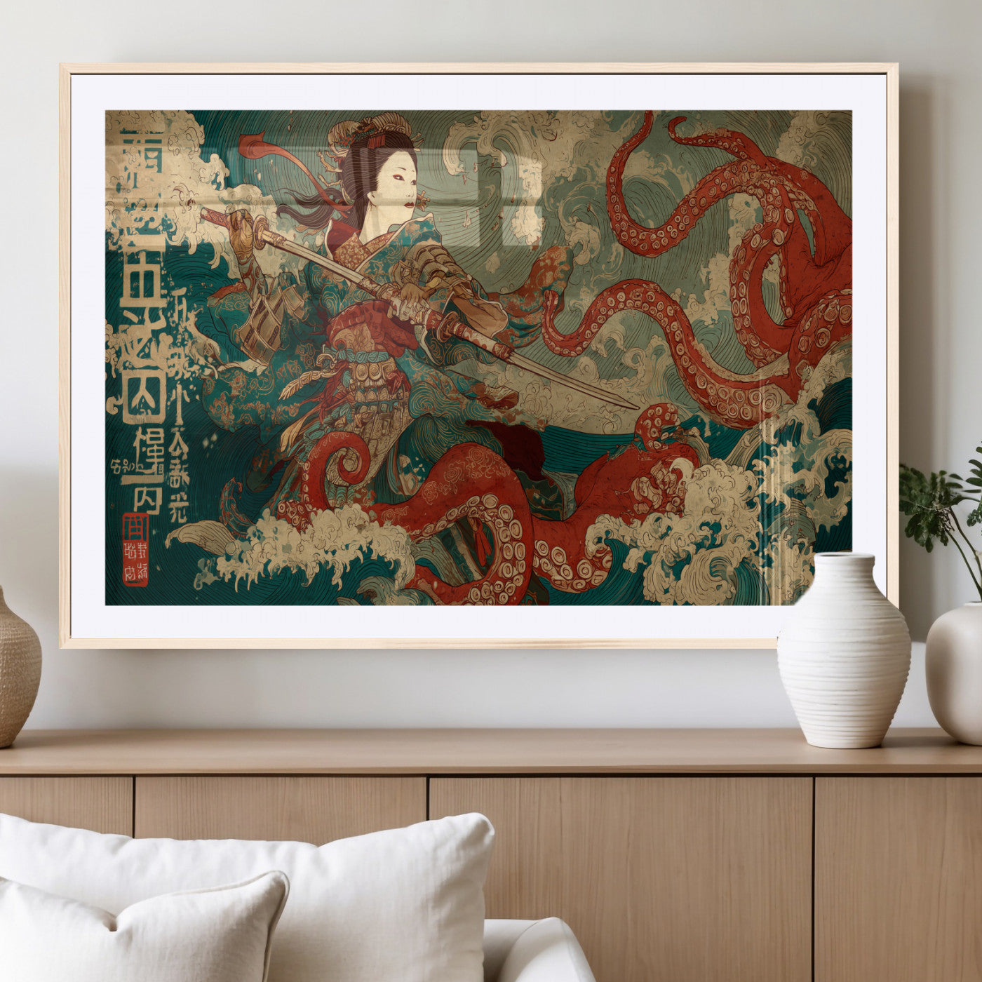 60201267-MGV-CV-36X24-Samurai Woman vs Octopus Wall Art – Japanese Ukiyo-e Armor Canvas Print, Red Tentacle Ocean Battle Artwork for Living Room,