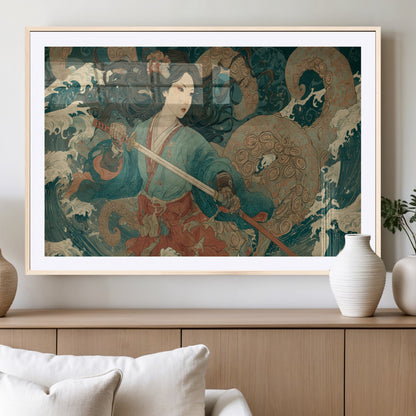 79740258-MGV-CV-36X24-Samurai Woman vs Octopus Wall Art – Japanese Ukiyo-e Blue Kimono Canvas Print, Ocean Battle Artwork for Living Room, Office, Man