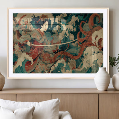 30212982-MGC-FP-36x24_Natural-Samurai Woman vs Octopus Wall Art – Japanese Ukiyo-e Style Warrior and Sea Monster Canvas Print, Mythology Inspired Artwork for