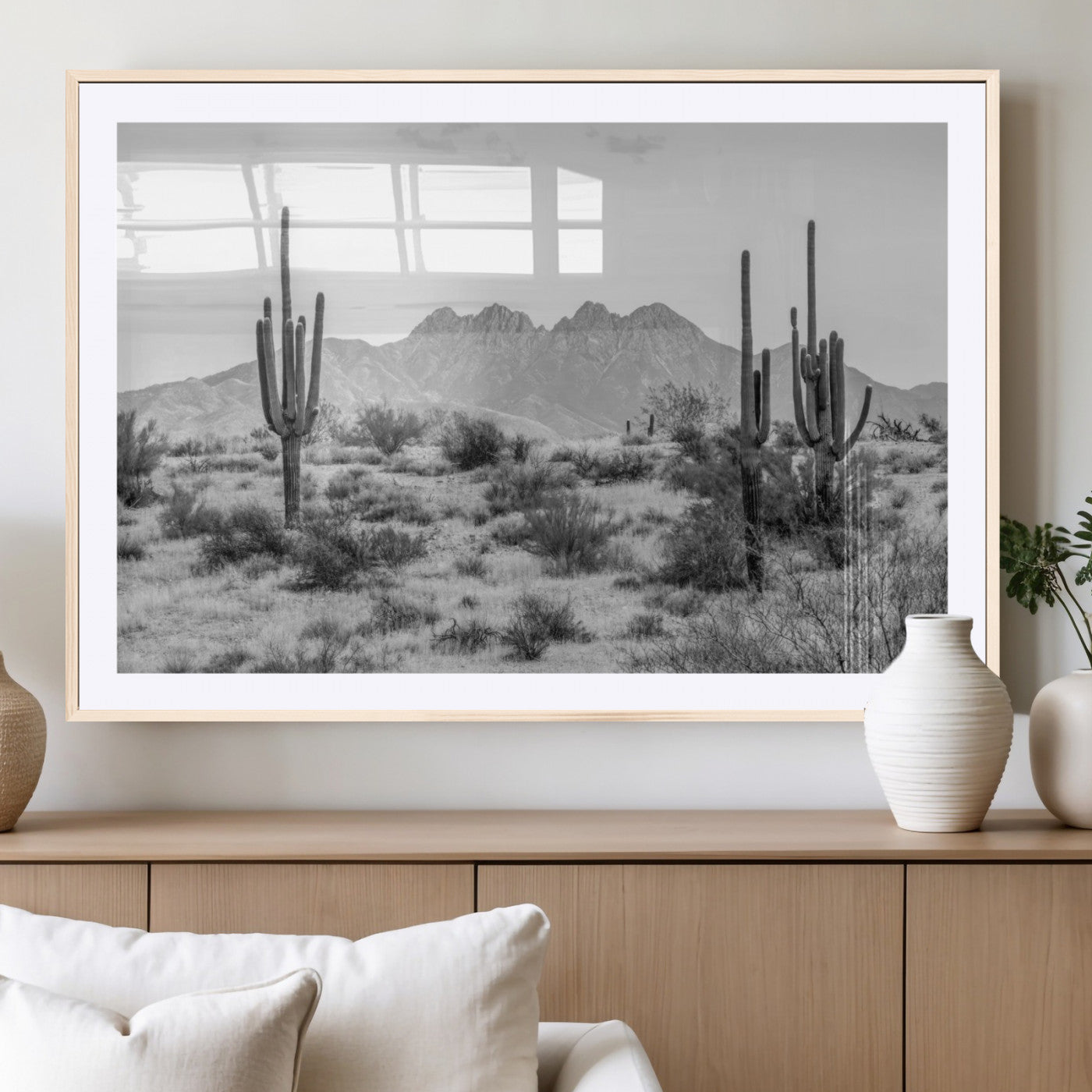 97436PHN-MGV-CV-36X24-Desert Landscape Wall Art – Black and White Cactus and Mountain Canvas Print, Southwestern Nature Photography for Living Room,