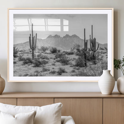 97436PHN-MGV-CV-36X24-Desert Landscape Wall Art – Black and White Cactus and Mountain Canvas Print, Southwestern Nature Photography for Living Room,