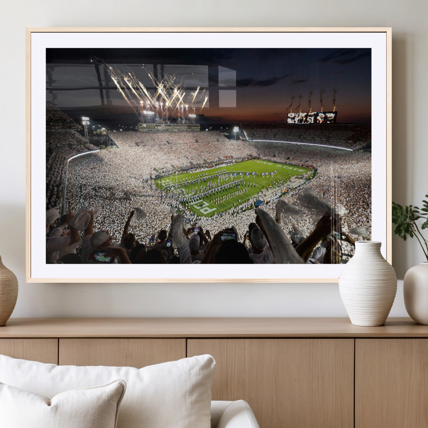 Penn-MGV-CV-36X24-Football Stadium Wall Art – Panoramic Night Game Canvas Print, Packed Crowd with Fireworks, Sports Decor for Office, Man Cave, Bar