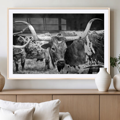 15425553-MGV-CV-36X24-Western Wall Art – Longhorn Cattle Black and White Canvas Print, Rustic Ranch Photography Decor for Bedroom, Living Room, Office,