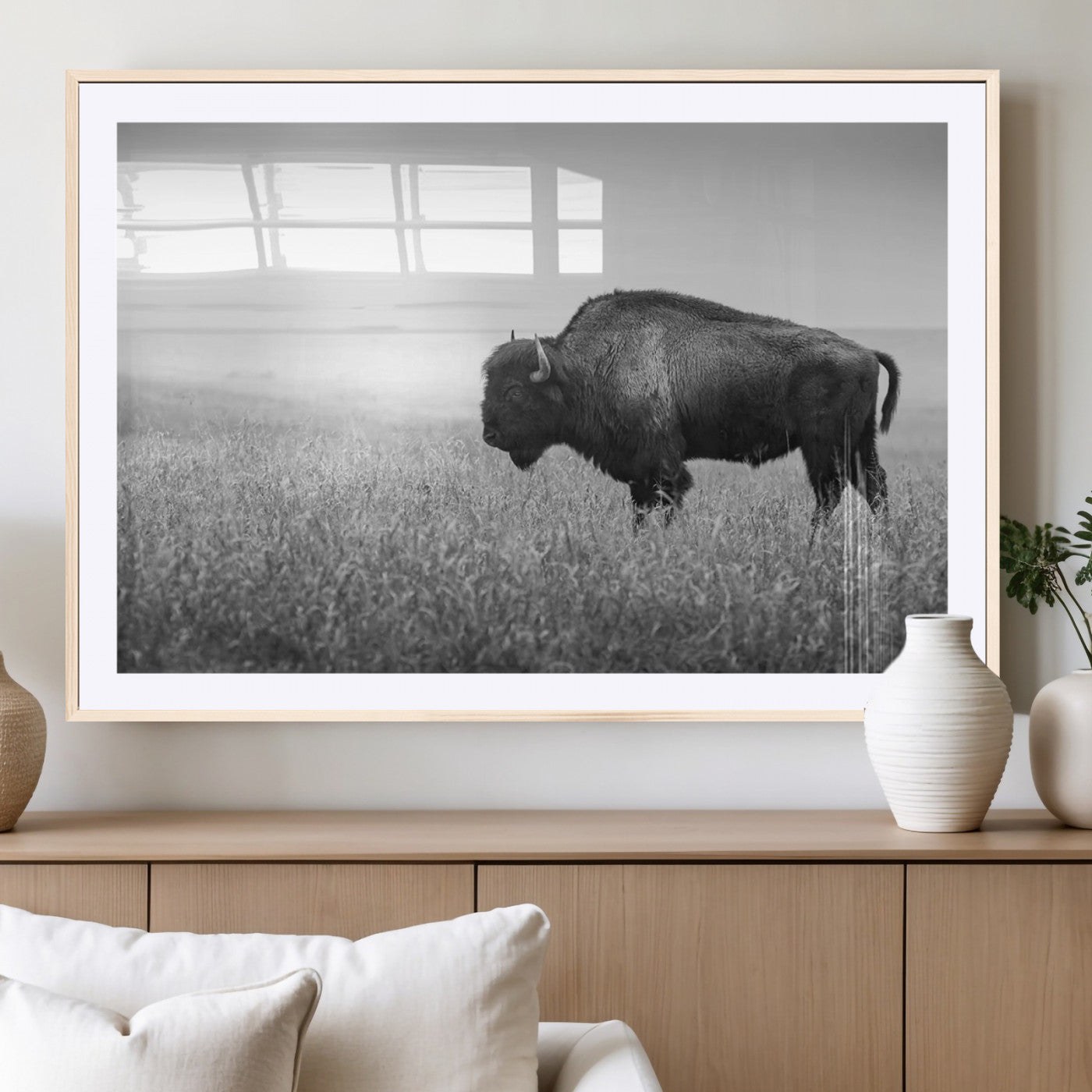 90861202-MGV-CV-36X24-Black and White Bison Canvas Wall Art – Rustic American Buffalo Print, Western Wildlife Photography for Farmhouse, Cabin, Office