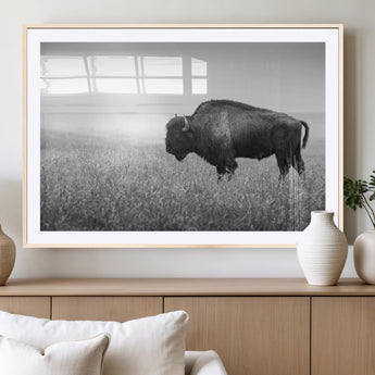 90861202-MGV-CV-36X24-Black and White Bison Canvas Wall Art – Rustic American Buffalo Print, Western Wildlife Photography for Farmhouse, Cabin, Office