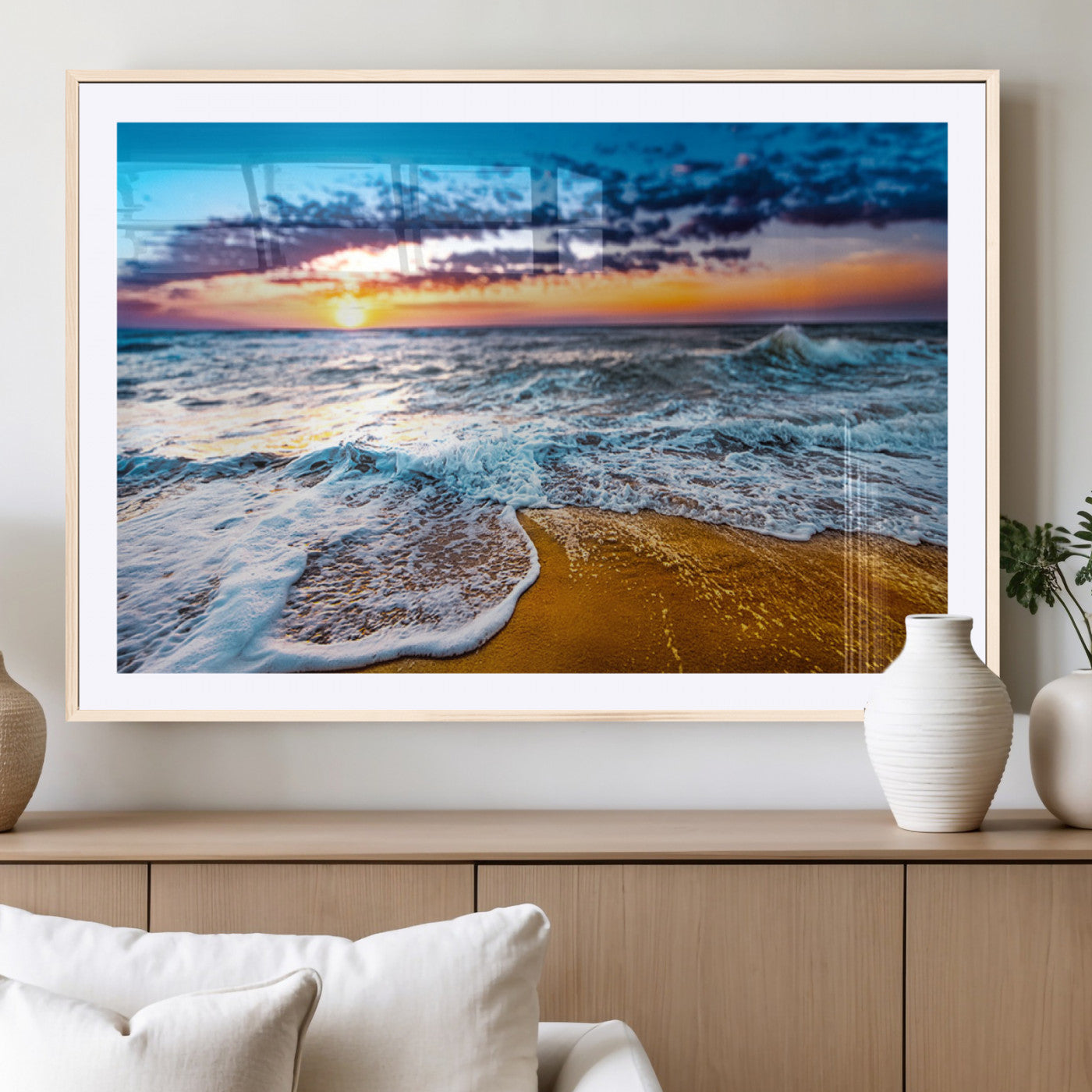 24077769-MGV-CV-36X24-Sunset Beach Wall Art – Ocean Waves Canvas Print, Golden Shoreline Photography Coastal Decor for Living Room, Bedroom, Office,