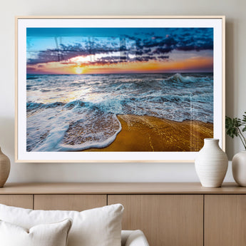 24077769-MGV-CV-36X24-Sunset Beach Wall Art – Ocean Waves Canvas Print, Golden Shoreline Photography Coastal Decor for Living Room, Bedroom, Office,