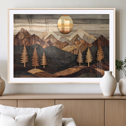 90044381-MGC-FP-36x24_Natural-Rustic Wall Art – Wooden Mountain Landscape with Sun and Pine Trees, Handcrafted Nature Canvas Style Decor for Bedroom, Living