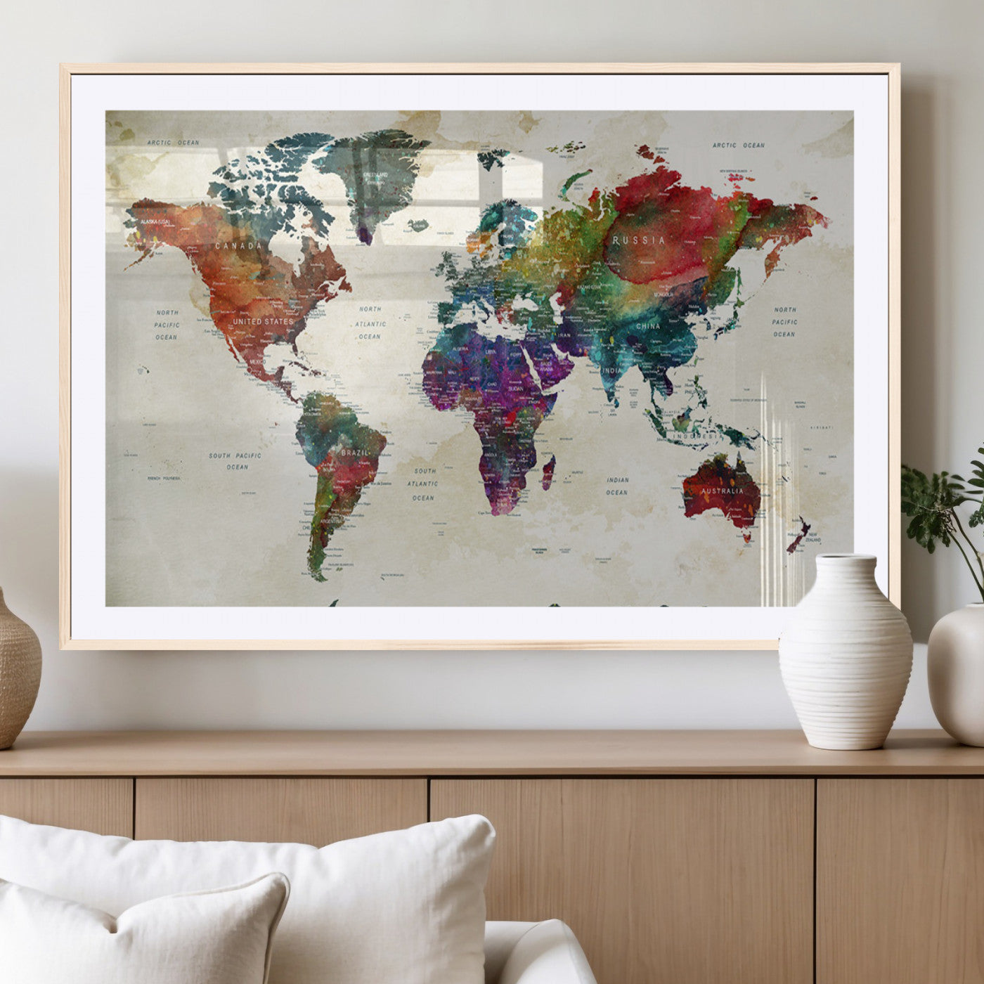 27689508-MGV-CV-36X24-World Map Wall Art – Colorful Watercolor Style Canvas Print, Modern Travel Map Artwork for Office, Study, Classroom, Living Room