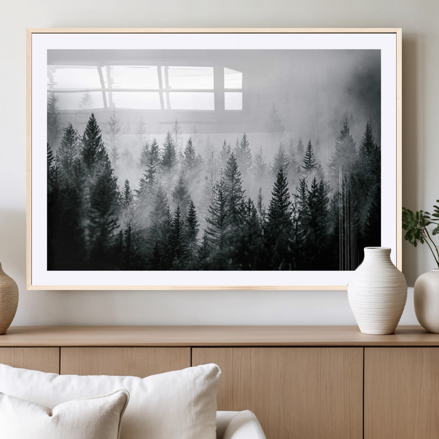 87750525-MGV-CV-36X24-Foggy Pine Forest Wall Art Canvas Print, Pine Landscape Print, Framed Nordic Pine Forest Art Print, Large Misty Forest Printing