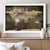 13394308-MGV-CV-36X24-Personalized World Map Wall Art – Dark Rustic Vintage Adventure Travel Map with Custom Couple Names, Timeless Wall Decor for Home