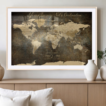 13394308-MGV-CV-36X24-Personalized World Map Wall Art – Dark Rustic Vintage Adventure Travel Map with Custom Couple Names, Timeless Wall Decor for Home
