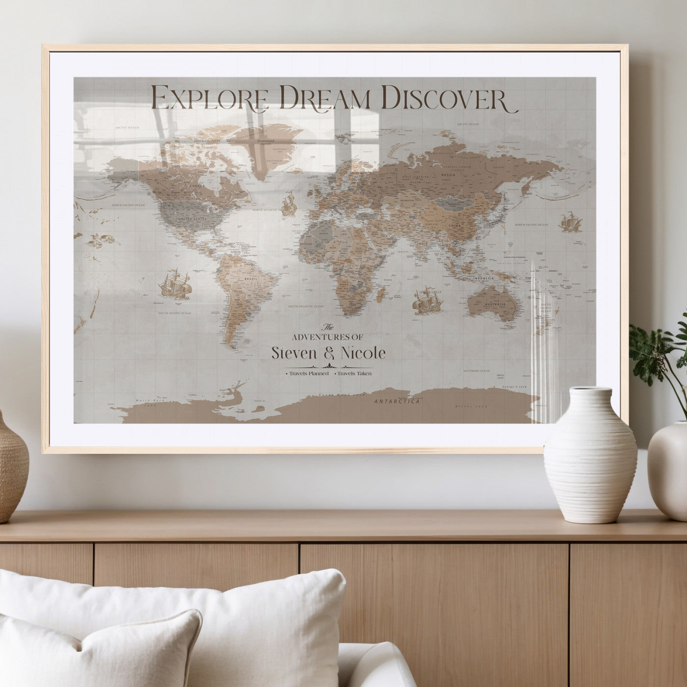 56148717-MGV-CV-36X24-Personalized World Map Wall Art – Neutral Beige & Brown Vintage Adventure Travel Map with Custom Couple Names, Classic Wall Decor