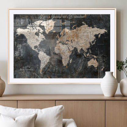 55548943-MGV-CV-36X24-Personalized World Map Wall Art – Rustic Wood Texture Adventure Travel Map with Custom Couple Names, Vintage Dark Wall Decor for