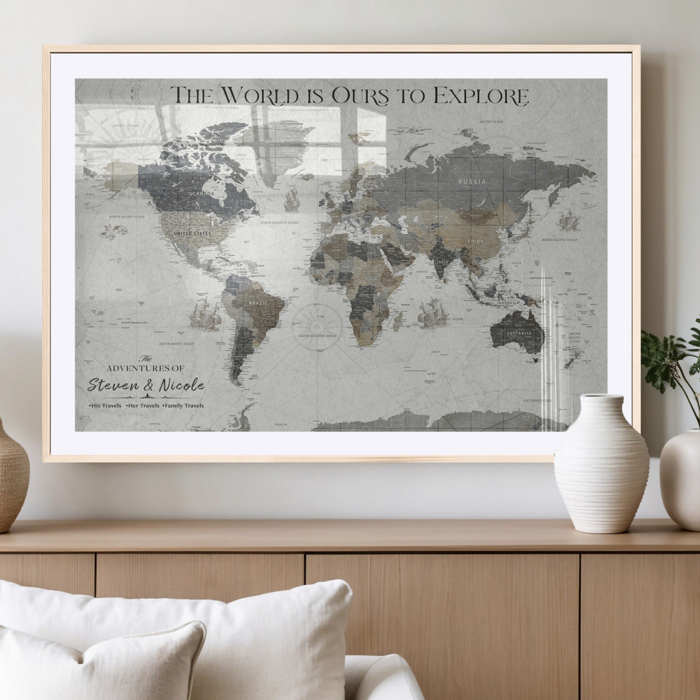 97082026-MGV-CV-36X24-Personalized World Map Wall Art – Vintage Gray Adventure Travel Map with Custom Couple or Family Names, Rustic Wall Decor for Home
