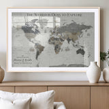 97082026-MGV-CV-36X24-Personalized World Map Wall Art – Vintage Gray Adventure Travel Map with Custom Couple or Family Names, Rustic Wall Decor for Home