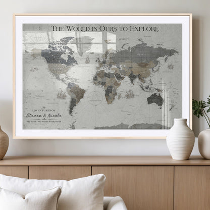97082026-MGV-CV-36X24-Personalized World Map Wall Art – Vintage Gray Adventure Travel Map with Custom Couple or Family Names, Rustic Wall Decor for Home