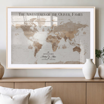 43869621-MGV-CV-36X24-Personalized World Map Wall Art – Light Beige Sepia Adventure Travel Map with Custom Family or Couple Names, Rustic Wall Decor for