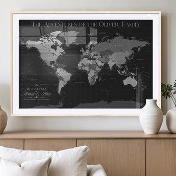 46064114-MGV-CV-36X24-Personalized World Map Wall Art – Black & Grey Adventure Travel Map with Custom Family or Couple Names, Modern Wall Decor for Home