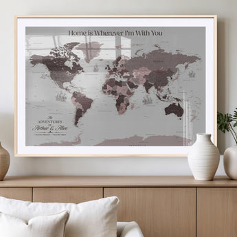 33204797-MGV-CV-36X24-Personalized World Map Wall Art – Burgundy & Grey Adventure Travel Map with Custom Names, Romantic Wall Decor for Couples, Home or