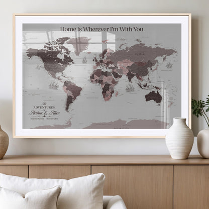 33204797-MGV-CV-36X24-Personalized World Map Wall Art – Burgundy & Grey Adventure Travel Map with Custom Names, Romantic Wall Decor for Couples, Home or