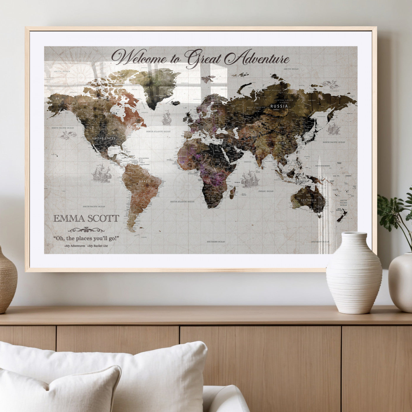 33631532-MGV-CV-36X24-Personalized World Map Wall Art – Dark Vintage Adventure Travel Map with Custom Names, Rustic Wall Decor for Couples, Home or