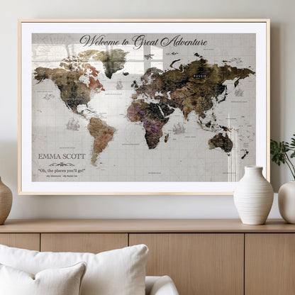 33631532-MGV-CV-36X24-Personalized World Map Wall Art – Dark Vintage Adventure Travel Map with Custom Names, Rustic Wall Decor for Couples, Home or