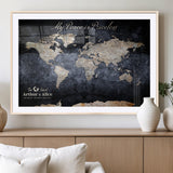 85403043-MGV-CV-36X24-Personalized World Map Wall Art – Dark Blue Rustic Adventure Map with Custom Couple Names, Vintage Wall Decor for Home or Travel