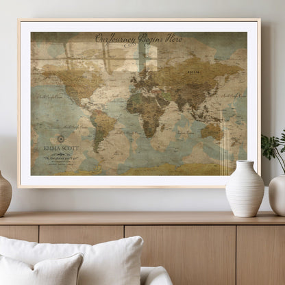 54795344-MGV-CV-36X24-Personalized World Map Wall Art – Vintage Adventure Travel Map with Custom Names, Rustic Wall Décor for Couples, Families