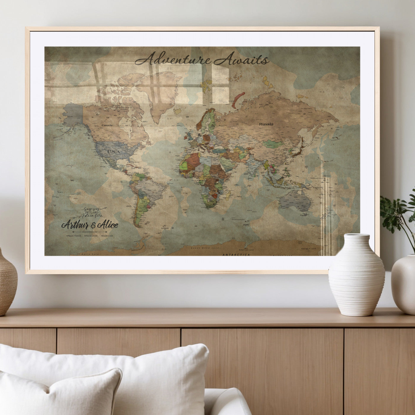 62500285-MGV-CV-36X24-Personalized World Map Wall Art – Rustic Watercolor Adventure Awaits Travel Map with Custom Couple Names, Vintage Wall Decor for