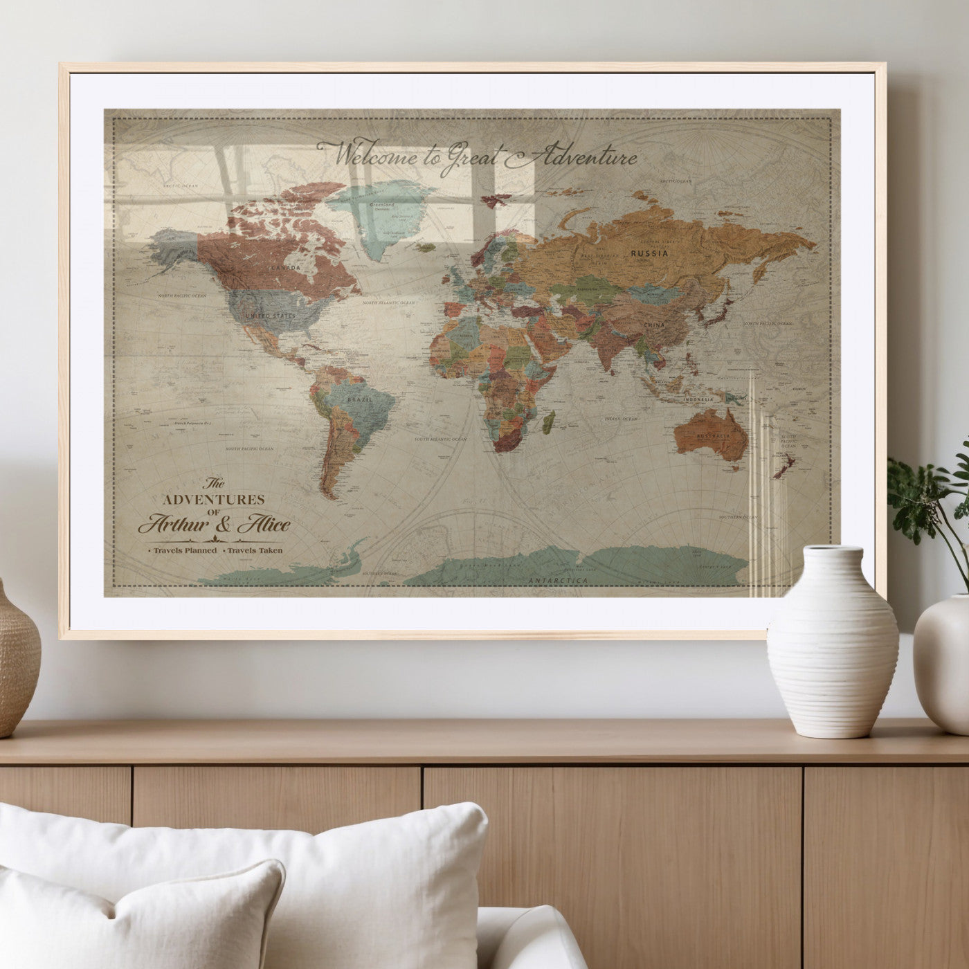 43497401-MGV-CV-36X24-Personalized World Map Wall Art – Vintage Rustic Adventure Travel Map with Custom Couple Names, Welcome to Great Adventure Wall