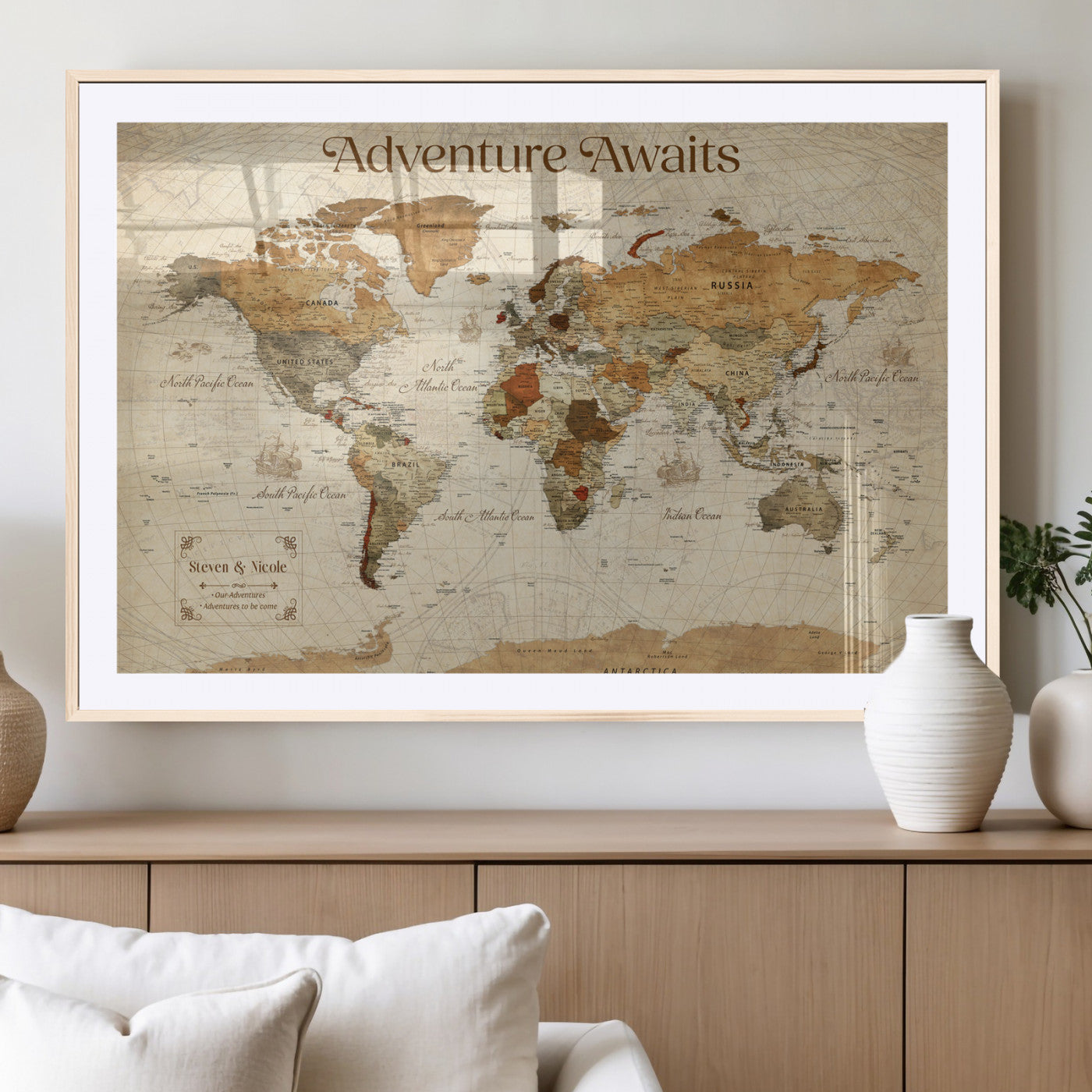 18685073-MGV-CV-36X24-Personalized World Map Wall Art – Antique Vintage Parchment Adventure Awaits Travel Map with Custom Couple Names, Rustic Wall