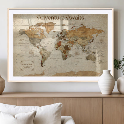18685073-MGV-CV-36X24-Personalized World Map Wall Art – Antique Vintage Parchment Adventure Awaits Travel Map with Custom Couple Names, Rustic Wall