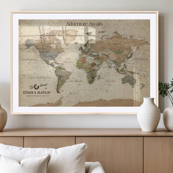62766900-MGV-CV-36X24-Personalized World Map Wall Art – Antique Parchment Adventure Travel Map with Custom Couple Names, Rustic Wall Decor for Home,