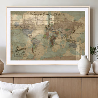 32019746-MGV-CV-36X24-Personalized World Map Wall Art – Vintage Camo Adventure Travel Map with Custom Family Names, Rustic Wall Decor for Couples, Home