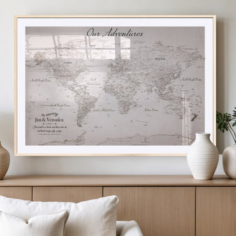 11706567-MGV-CV-36X24-Personalized World Map Wall Art – Minimalist Beige Adventure Travel Map with Custom Names, Elegant Push Pin Canvas for Couples,