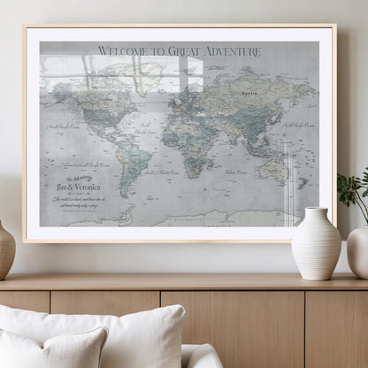 70605050-MGV-CV-36X24-Personalized World Map Wall Art – Cool Gray Adventure Travel Map with Custom Names, Elegant Push Pin Canvas for Couples, Family