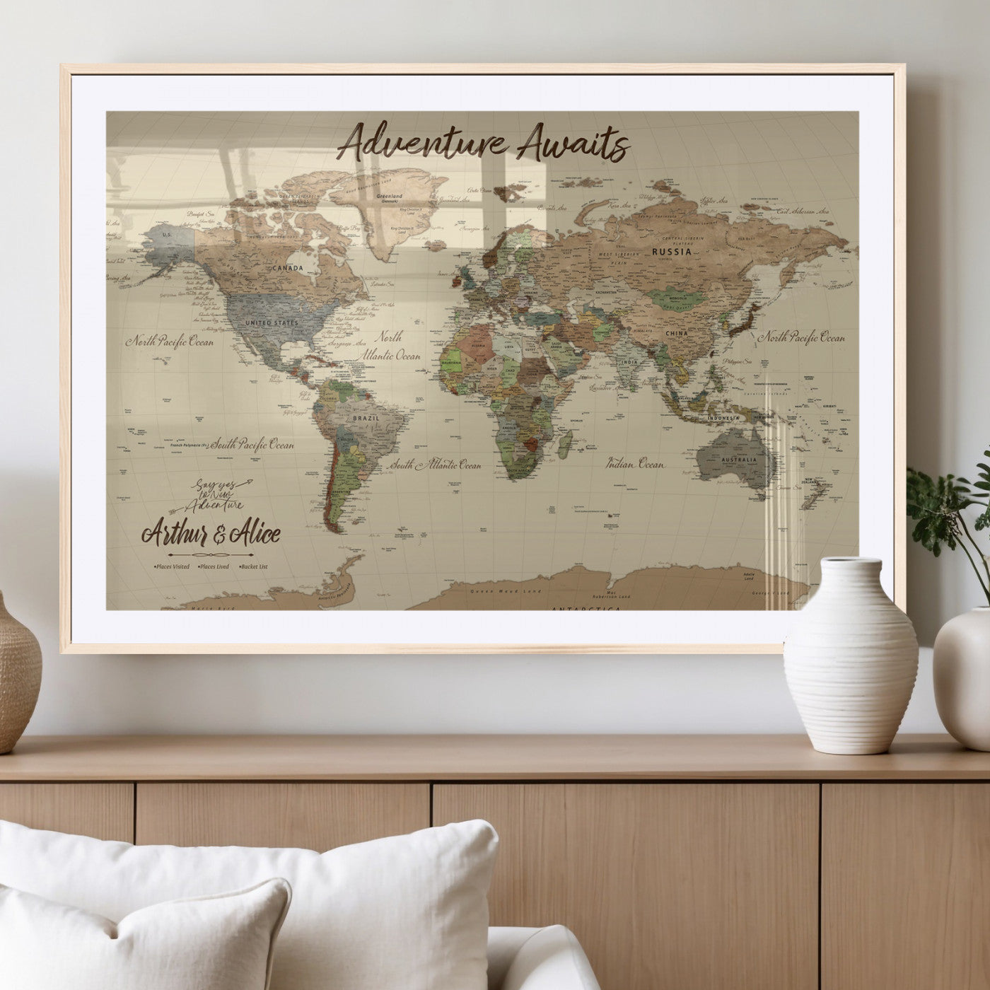 53442996-MGV-CV-36X24-Personalized World Map Wall Art – Adventure Awaits Vintage Travel Map with Custom Couple Names, Rustic Wall Decor for Home,