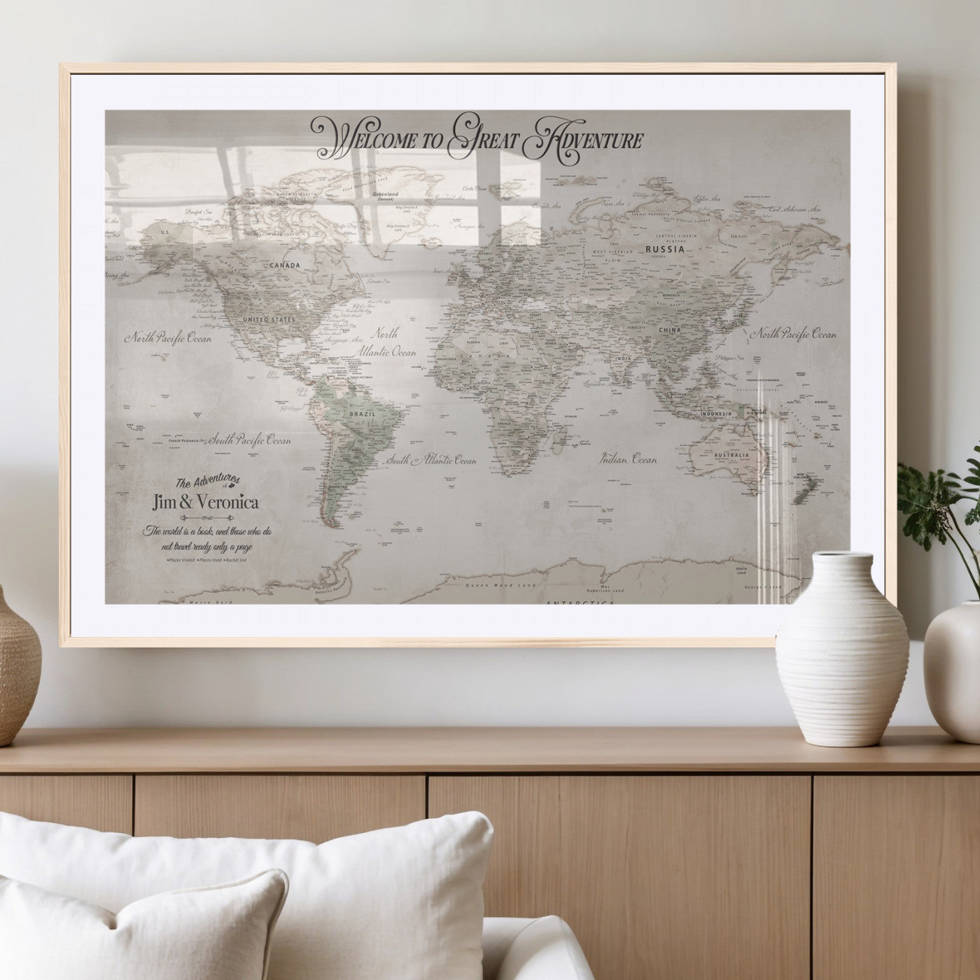 93034948-MGV-CV-36X24-Personalized World Map Wall Art – Vintage Beige Adventure Travel Map with Custom Names, Elegant Push Pin Canvas for Couples,
