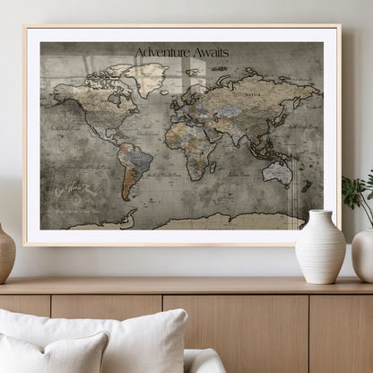 72658967-MGV-CV-36X24-Personalized World Map Wall Art – Adventure Awaits Rustic Sepia Travel Map with Custom Names, Vintage Wall Decor for Couples, Home