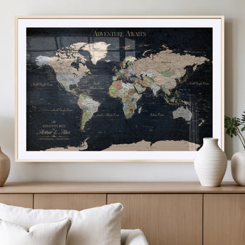 15547583-MGV-CV-36X24-Personalized World Map Wall Art – Rustic Navy Adventure Awaits Travel Map with Custom Couple Names, Vintage Wall Decor for Home or