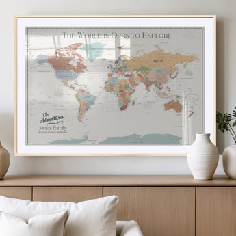 69180591-MGV-CV-36X24-Personalized World Map Wall Art – Rustic Vintage Adventure Travel Map with Custom Family Names, Unique Wall Decor for Couples,