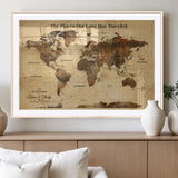 50680593-MGV-CV-36X24-Personalized World Map Wall Art – Rustic Brown Adventure Travel Map with Custom Names, Elegant Push Pin Canvas for Couples Home,