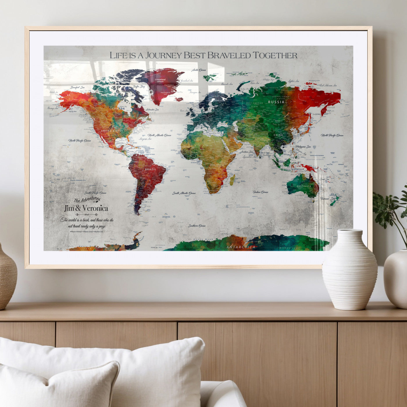 95876117-MGV-CV-36X24-Personalized World Map Wall Art – Colorful Watercolor Travel Map with Custom Names, Romantic Wall Decor for Couples, Wedding or