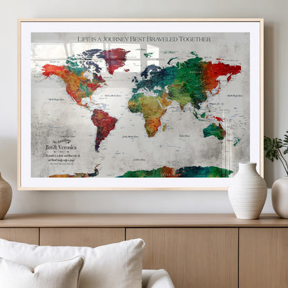 95876117-MGV-CV-36X24-Personalized World Map Wall Art – Colorful Watercolor Travel Map with Custom Names, Romantic Wall Decor for Couples, Wedding or