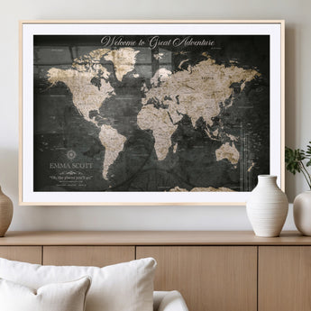 70534097-MGV-CV-36X24-Personalized World Map Wall Art – Dark Vintage Adventure Style Travel Map with Custom Names, Unique Wall Decor for Couples, Home