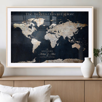 13231361-MGV-CV-36X24-Personalized World Map Wall Art – Navy Blue Vintage Adventure Travel Map with Custom Names, Elegant Push Pin Canvas for Couples
